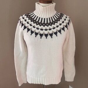 Fair Isle Cotton Mock Turtleneck  Sweater Winter Ski  Sz M ivory and brown